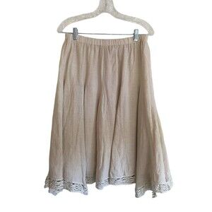 Russ Berens Skirt Women's Size Medium Beige Linen Stretchy Waist Lace Trim